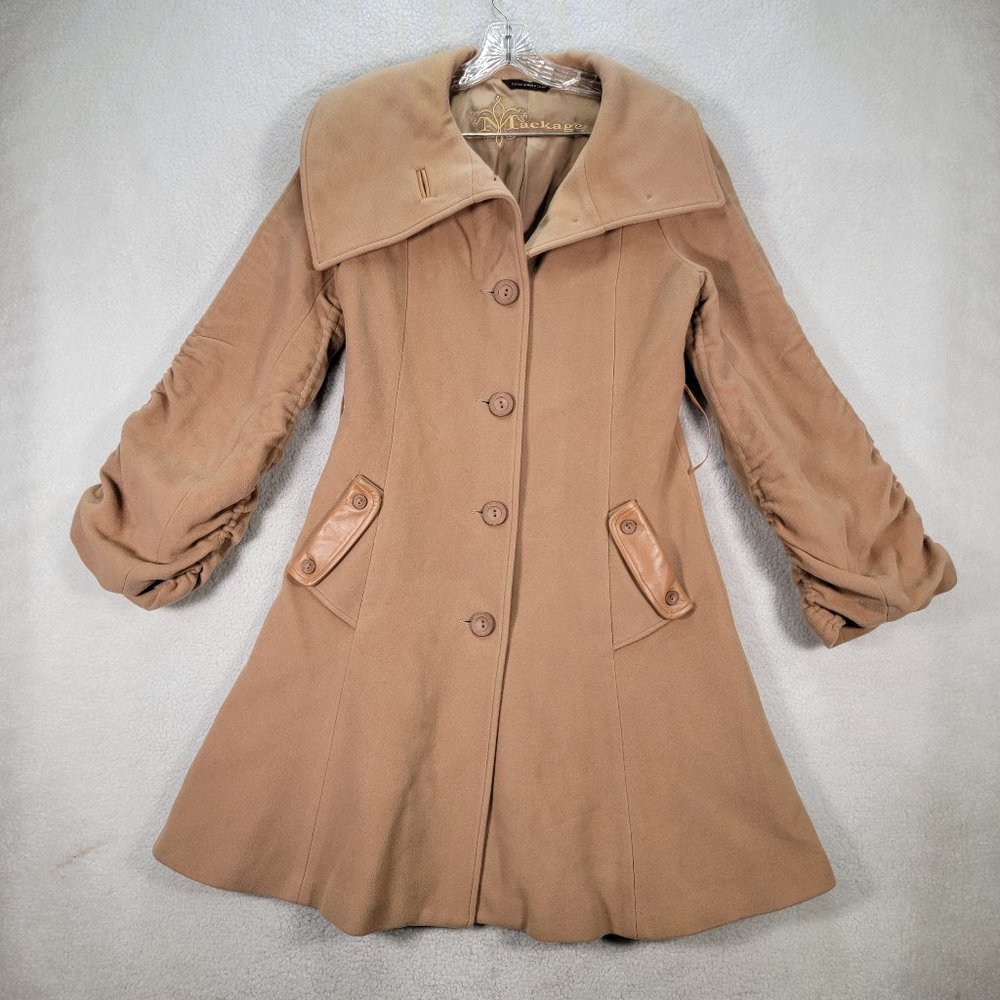 Mackage Beige Wool Mohair Shawl Collar Ruched Sleeves Leather Dress Coat Jacket